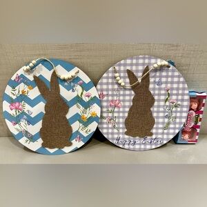 Spring Bunny Wall Decor Set | Farmhouse Tiered Tray Floral Rustic Wood Burlap
